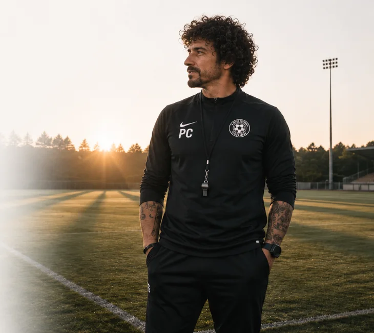 Entrenador sobre el césped al atardecer