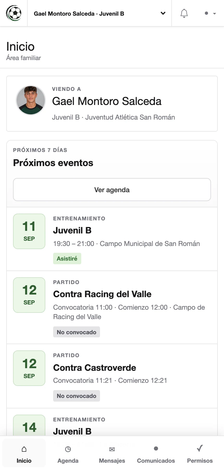 Agenda familiar del jugador desde el móvil