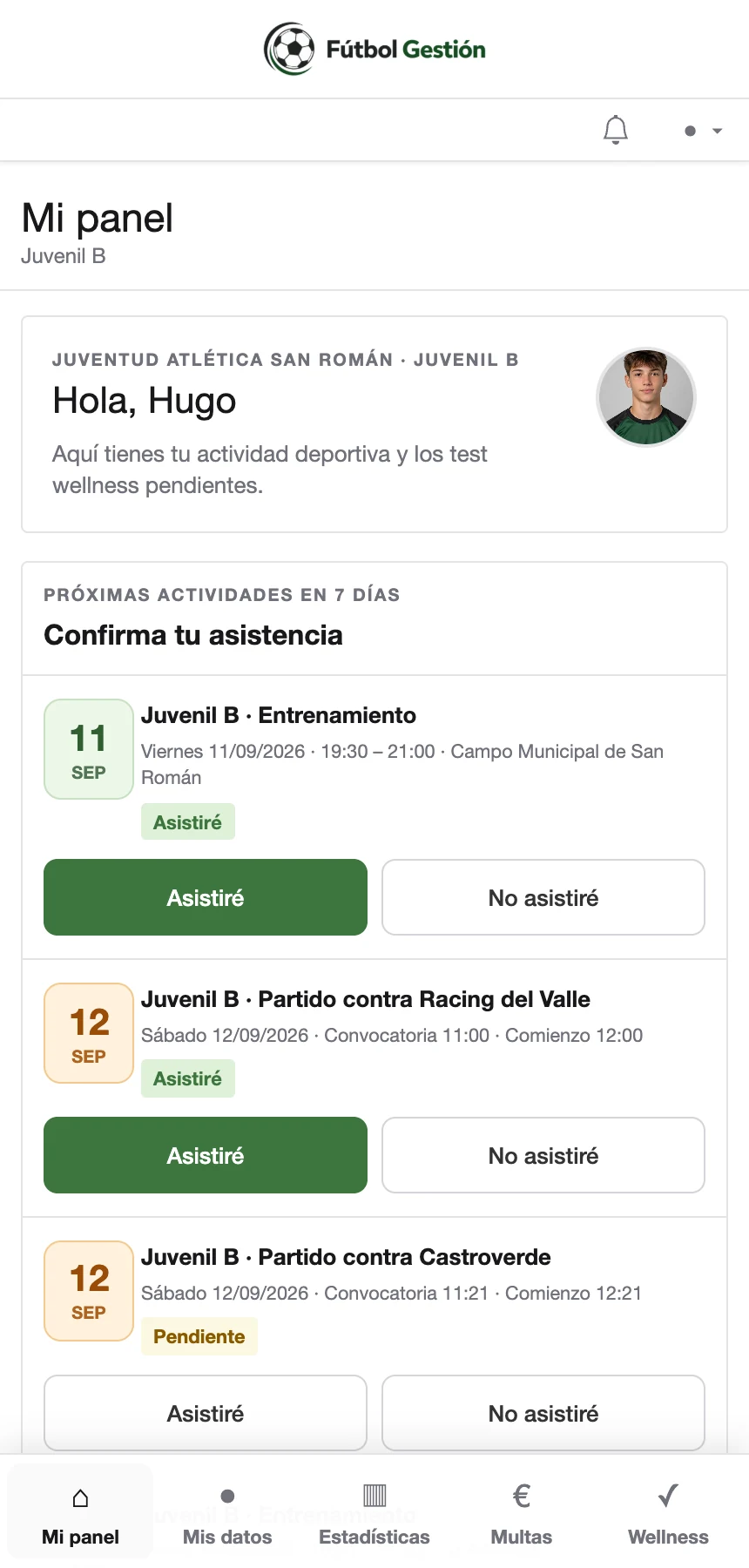 Panel móvil real del jugador